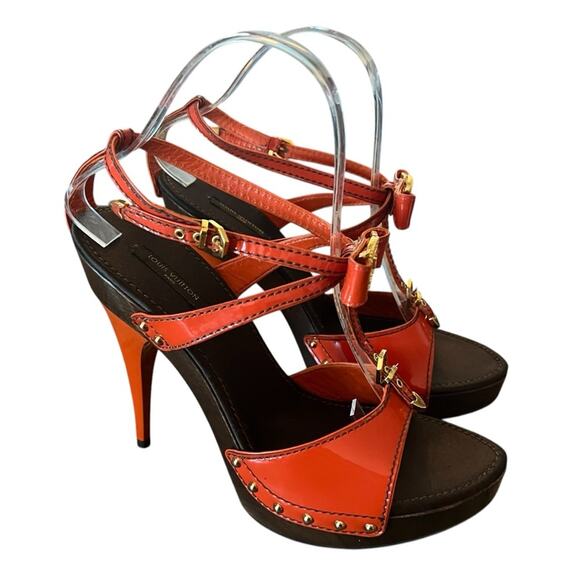 Louis Vuitton Patent Leather TStrap Stiletto Heels Sandals Orange EU 39.5 US 9.5 - Picture 5 of 12